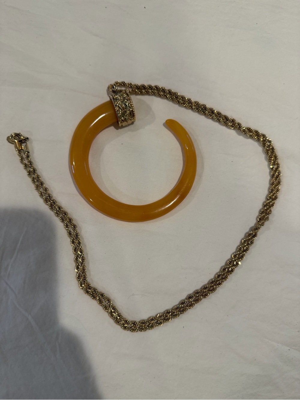 Kenneth Jay Lane Gold Rope Chain Necklace with Amber Resin Tusk/Horn Pendant